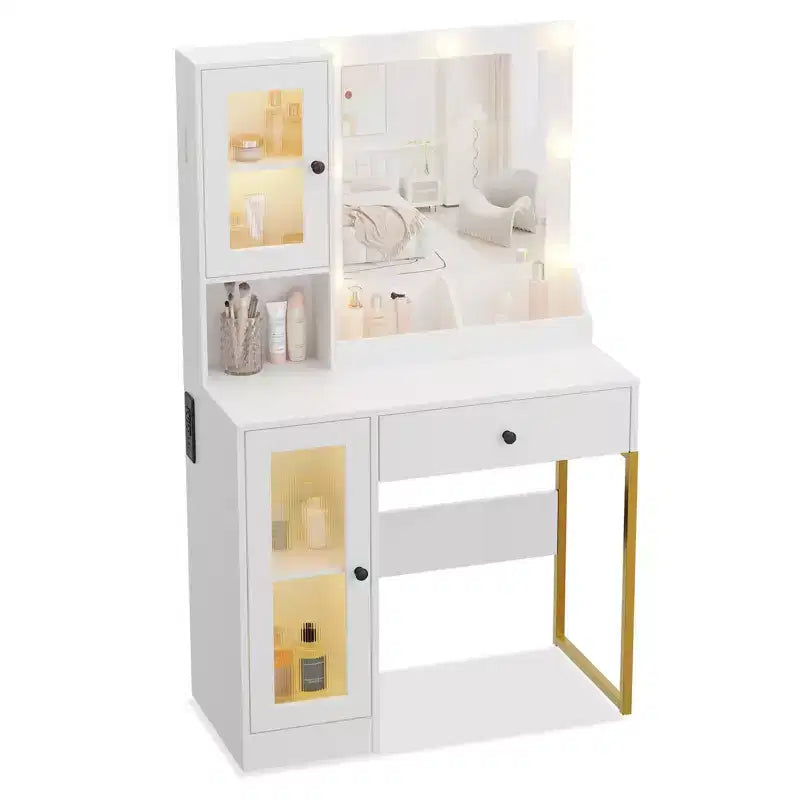Tocador de maquillaje con espejo y luces, mesa de tocador con estación de carga, tocador de madera para dormitorio de niñas