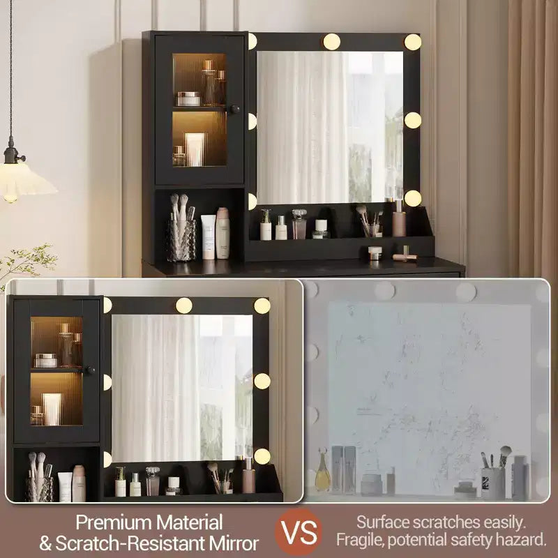 Tocador de maquillaje con espejo y luces, mesa de tocador con estación de carga, tocador de madera para dormitorio de niñas