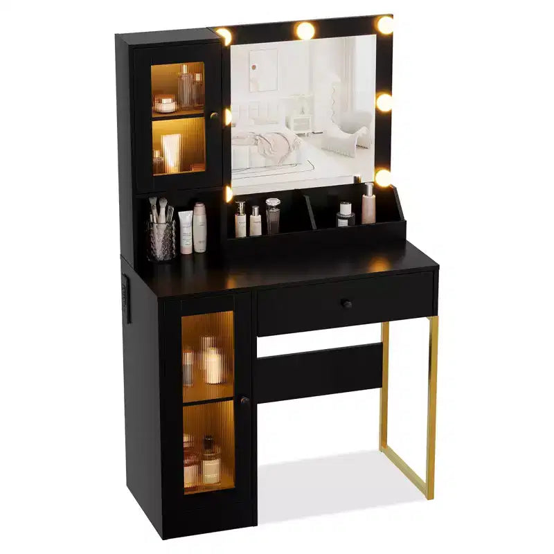 Tocador de maquillaje con espejo y luces, mesa de tocador con estación de carga, tocador de madera para dormitorio de niñas