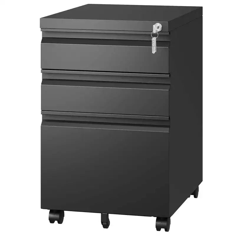 VIYET 14.69 Archivador móvil de 3 cajones con cerradura, archivador de metal negro totalmente montado para oficina en casa, compatible con tamaño carta/legal/A4