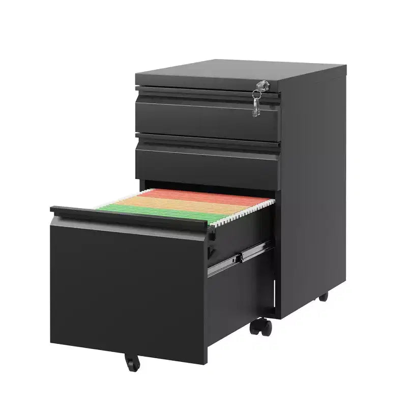 VIYET 14.69 Archivador móvil de 3 cajones con cerradura, archivador de metal negro totalmente montado para oficina en casa, compatible con tamaño carta/legal/A4
