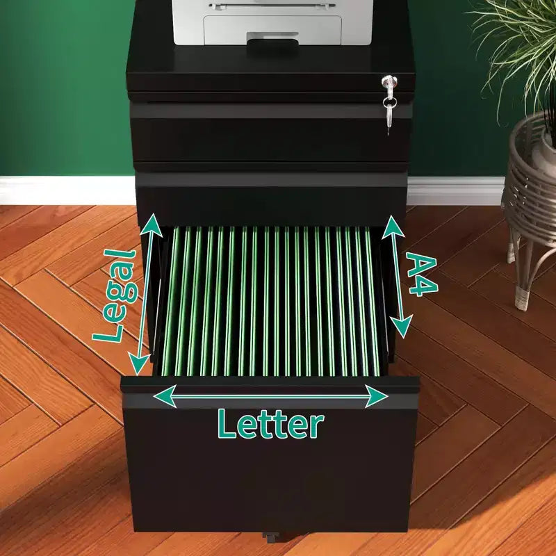 VIYET 14.69 Archivador móvil de 3 cajones con cerradura, archivador de metal negro totalmente montado para oficina en casa, compatible con tamaño carta/legal/A4