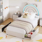 Cama con plataforma tapizada COZONY con cajones de almacenamiento y cabecero decorativo, soporte resistente de listones de madera, no necesita somier, fácil montaje