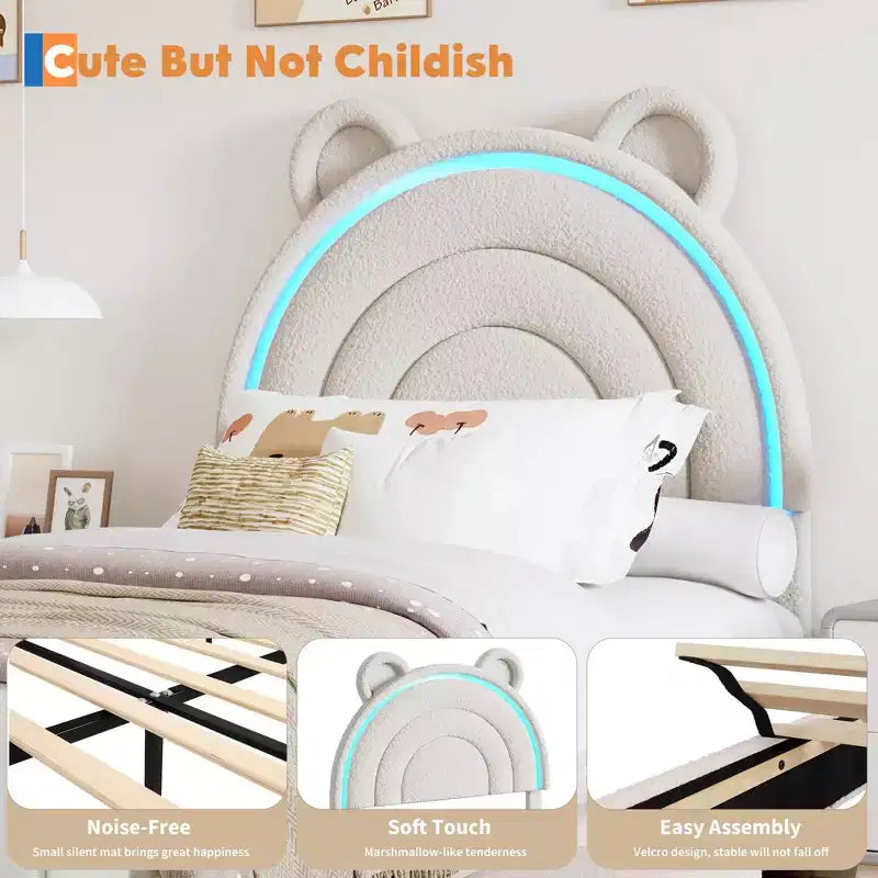 Cama con plataforma tapizada COZONY con cajones de almacenamiento y cabecero decorativo, soporte resistente de listones de madera, no necesita somier, fácil montaje