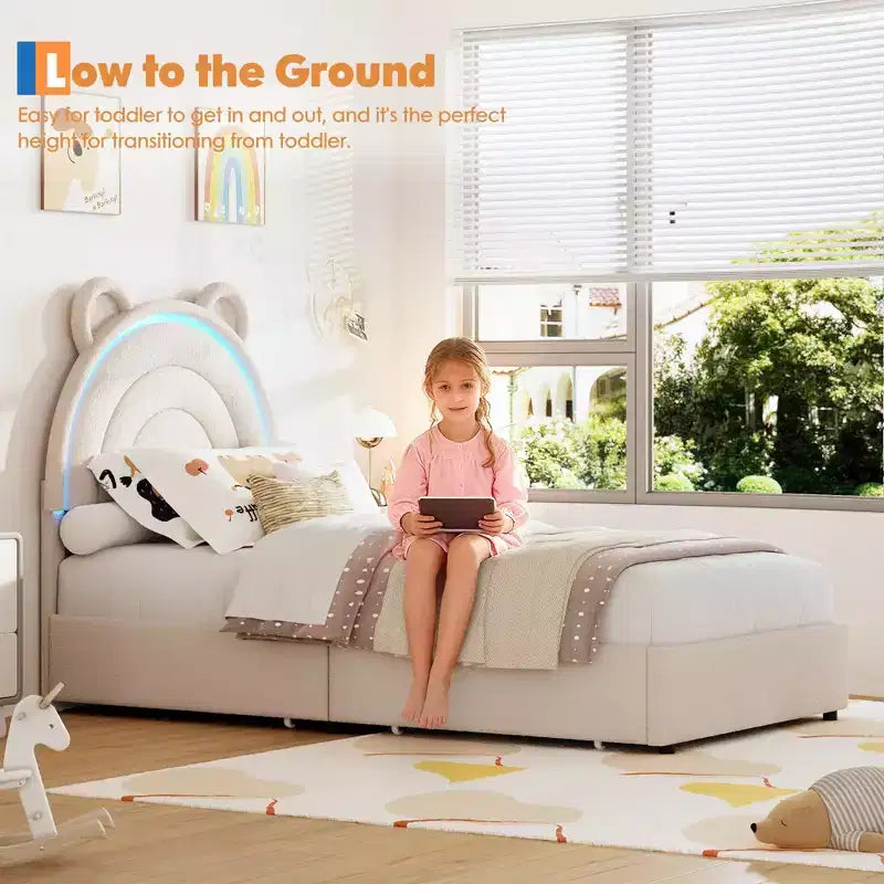 Cama con plataforma tapizada COZONY con cajones de almacenamiento y cabecero decorativo, soporte resistente de listones de madera, no necesita somier, fácil montaje