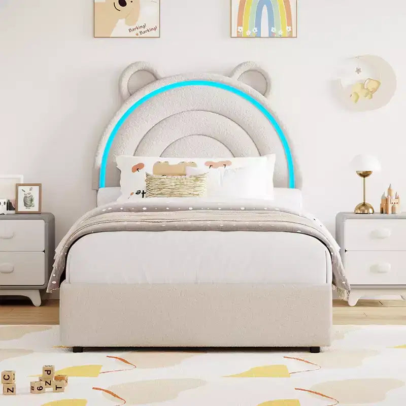 Cama con plataforma tapizada COZONY con cajones de almacenamiento y cabecero decorativo, soporte resistente de listones de madera, no necesita somier, fácil montaje