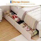 Cama con plataforma tapizada COZONY con cajones de almacenamiento y cabecero decorativo, soporte resistente de listones de madera, no necesita somier, fácil montaje