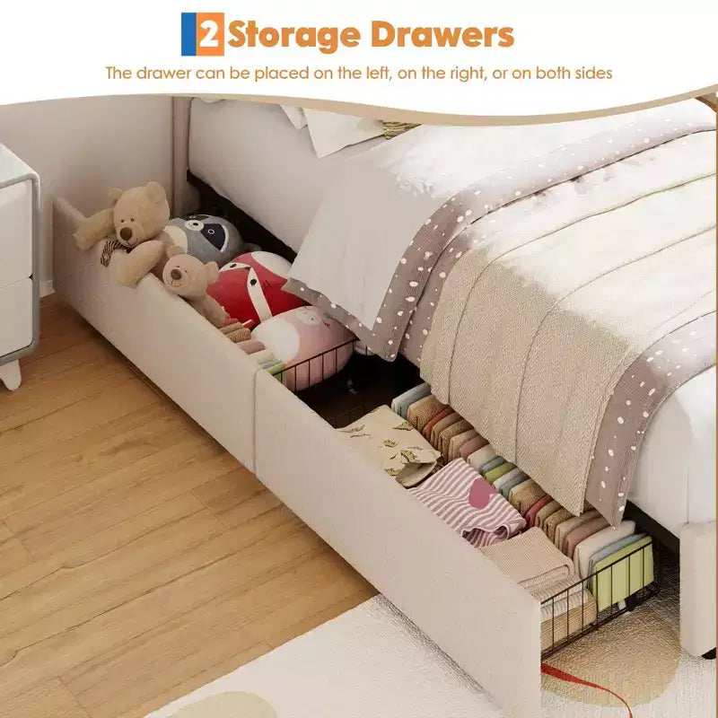 Cama con plataforma tapizada COZONY con cajones de almacenamiento y cabecero decorativo, soporte resistente de listones de madera, no necesita somier, fácil montaje