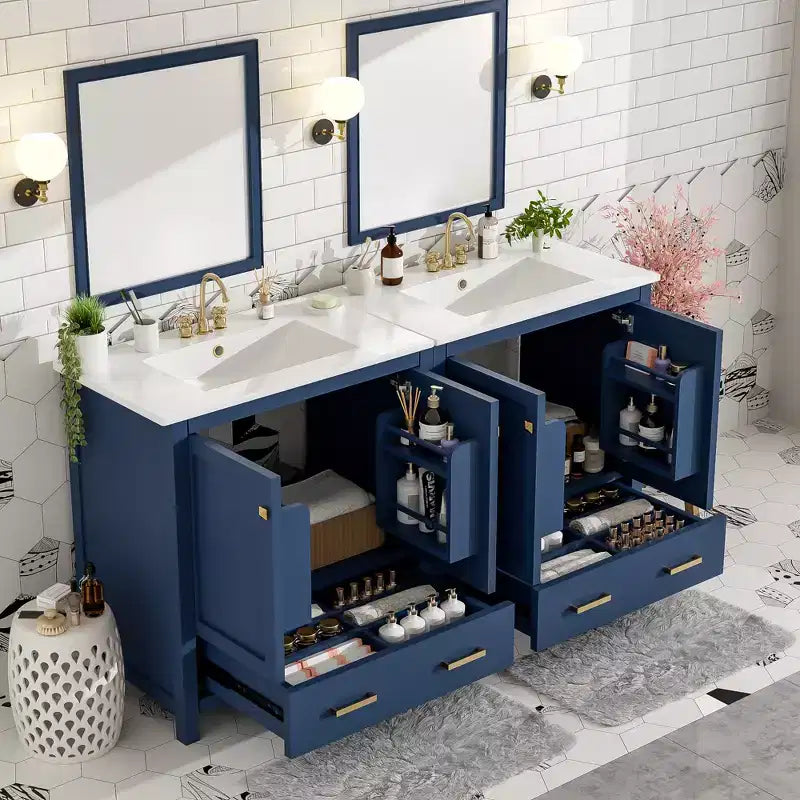 Combinación de tocador de baño vintage de 48" con lavabos dobles, gabinete de almacenamiento para baño con puertas de cierre suave y estante
