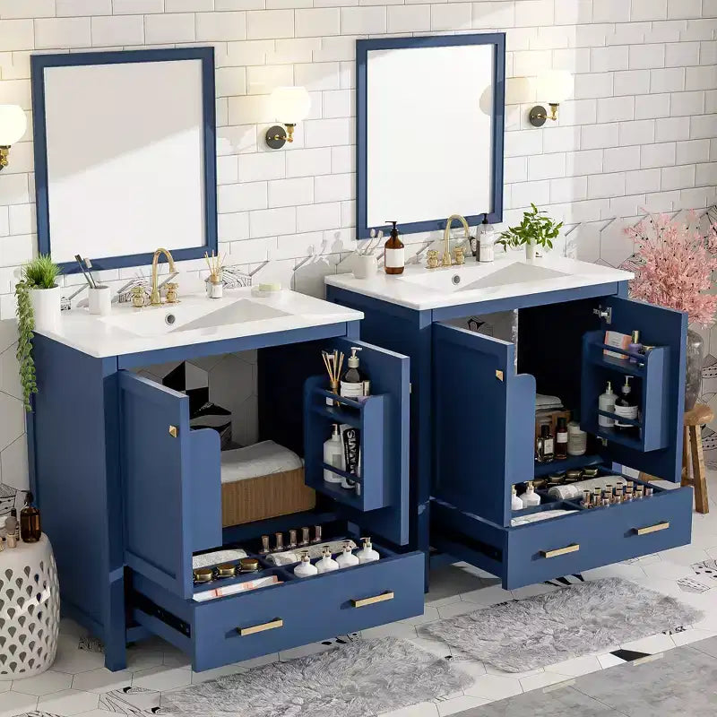 Combinación de tocador de baño vintage de 48" con lavabos dobles, gabinete de almacenamiento para baño con puertas de cierre suave y estante