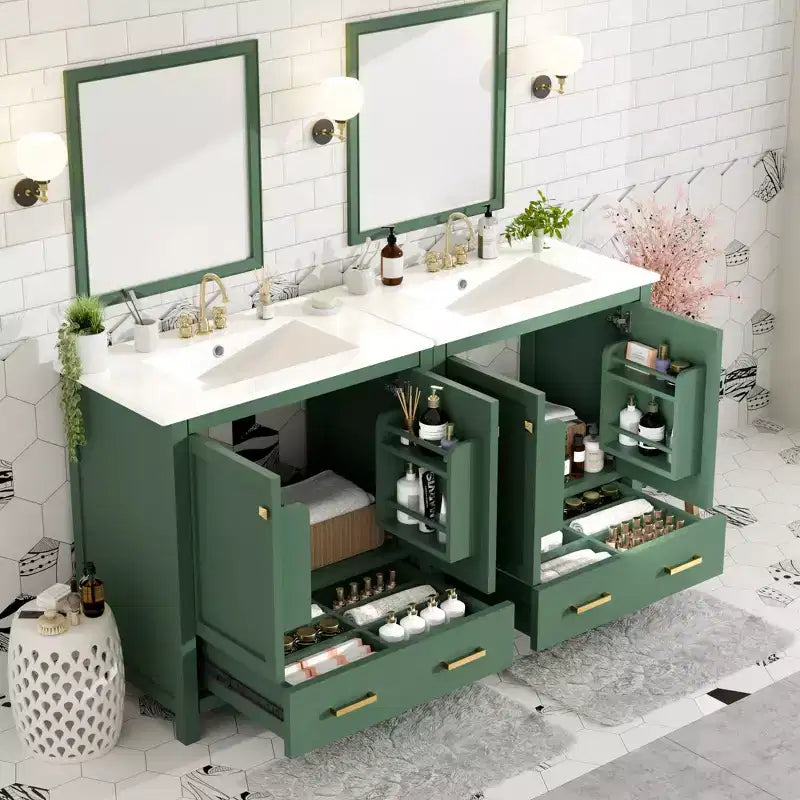 Combinación de tocador de baño vintage de 48" con lavabos dobles, gabinete de almacenamiento para baño con puertas de cierre suave y estante