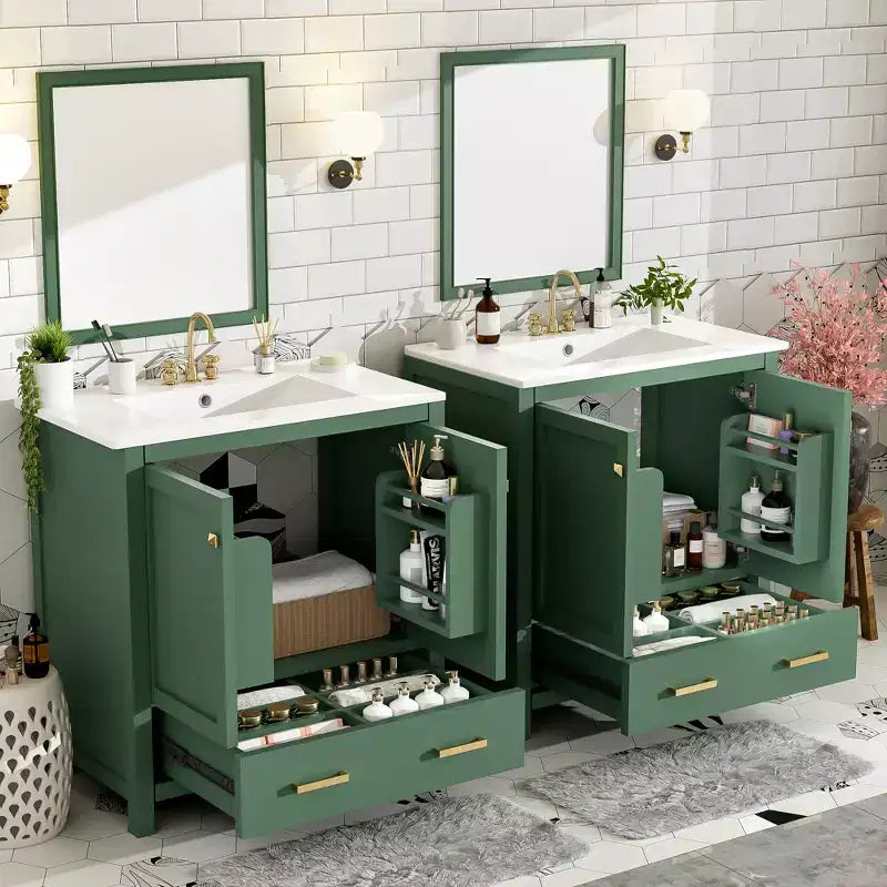 Combinación de tocador de baño vintage de 48" con lavabos dobles, gabinete de almacenamiento para baño con puertas de cierre suave y estante