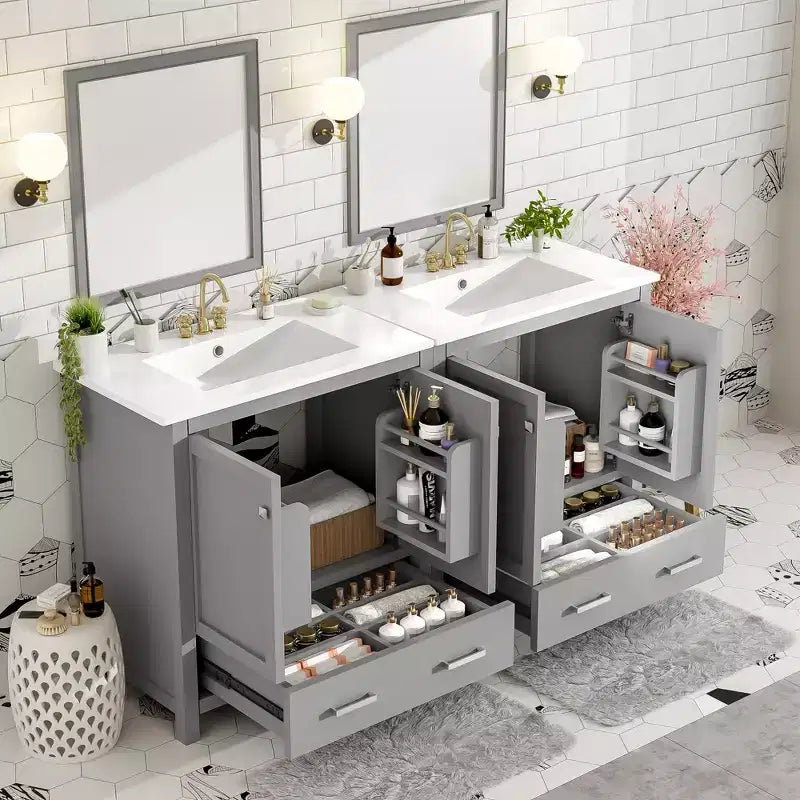 Combinación de tocador de baño vintage de 48" con lavabos dobles, gabinete de almacenamiento para baño con puertas de cierre suave y estante