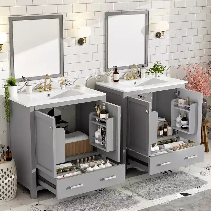 Combinación de tocador de baño vintage de 48" con lavabos dobles, gabinete de almacenamiento para baño con puertas de cierre suave y estante