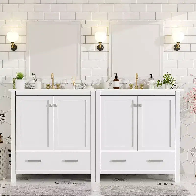 Combinación de tocador de baño vintage de 48" con lavabos dobles, gabinete de almacenamiento para baño con puertas de cierre suave y estante