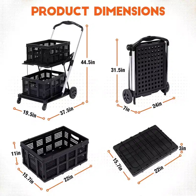 Carro de oficina plegable COZONY con ruedas, organizador rodante de 2 niveles de alta resistencia, carrito multiusos plegable, negro, 2 cajas de carga