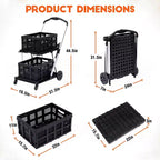 Carro de oficina plegable COZONY con ruedas, organizador rodante de 2 niveles de alta resistencia, carrito multiusos plegable, negro, 2 cajas de carga
