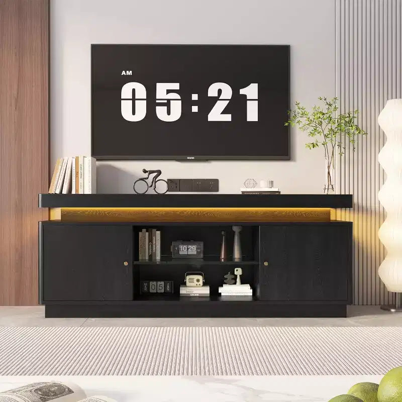Acekool 63 Mueble de TV Moderno con Tomas de Corriente, Estante Ajustable y Almacenamiento, Consola Multimedia para Sala de Estar