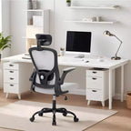 Sillón de oficina ergonómico premium de malla gris - Reposacabezas ajustable y respaldo reclinable, giro de 360° - Ruedas silenciosas, agradable para la piel y duradero