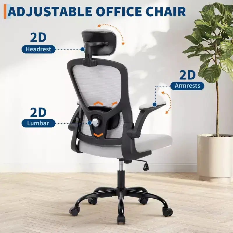Sillón de oficina ergonómico premium de malla gris - Reposacabezas ajustable y respaldo reclinable, giro de 360° - Ruedas silenciosas, agradable para la piel y duradero