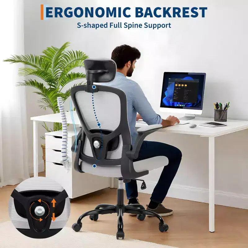 Sillón de oficina ergonómico premium de malla gris - Reposacabezas ajustable y respaldo reclinable, giro de 360° - Ruedas silenciosas, agradable para la piel y duradero
