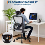 Sillón de oficina ergonómico premium de malla gris - Reposacabezas ajustable y respaldo reclinable, giro de 360° - Ruedas silenciosas, agradable para la piel y duradero