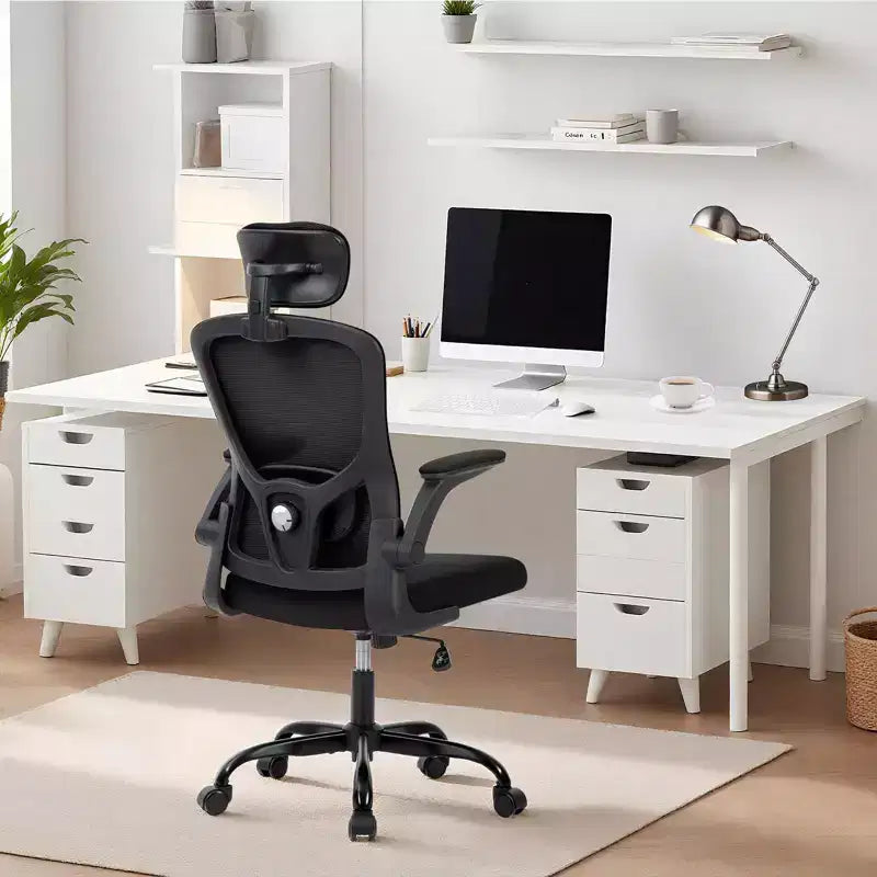 Sillón de oficina ergonómico premium de malla gris - Reposacabezas ajustable y respaldo reclinable, giro de 360° - Ruedas silenciosas, agradable para la piel y duradero
