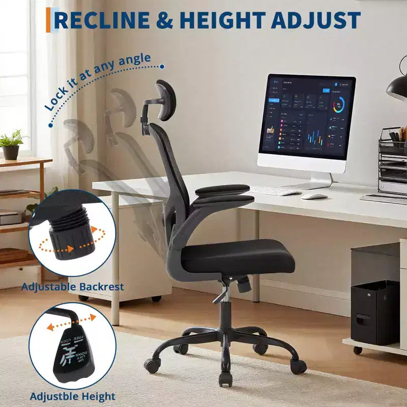 Sillón de oficina ergonómico premium de malla gris - Reposacabezas ajustable y respaldo reclinable, giro de 360° - Ruedas silenciosas, agradable para la piel y duradero