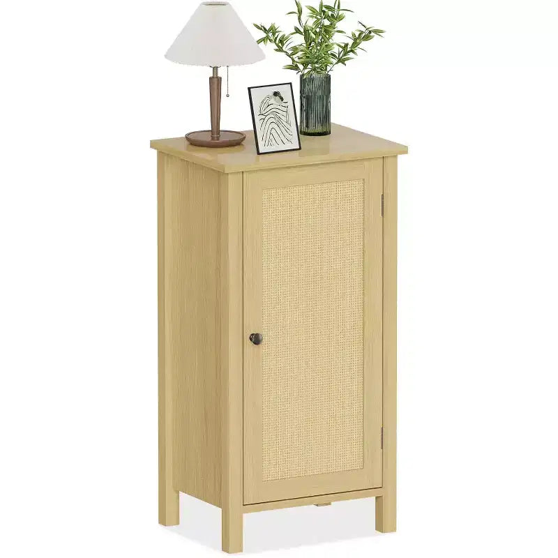 Mesita de noche rústica con puerta de ratán, mesa auxiliar con acento negro y almacenamiento - Mesita de noche compacta moderna para dormitorio, sala de estar, oficina