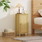 Mesita de noche rústica con puerta de ratán, mesa auxiliar con acento negro y almacenamiento - Mesita de noche compacta moderna para dormitorio, sala de estar, oficina