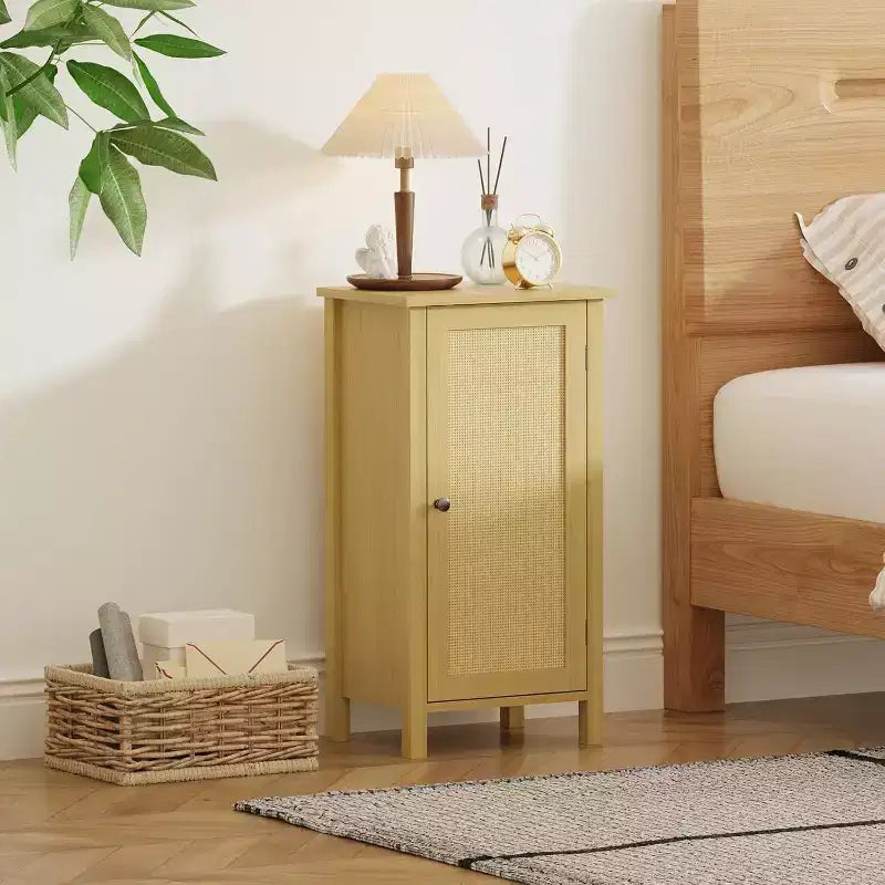 Mesita de noche rústica con puerta de ratán, mesa auxiliar con acento negro y almacenamiento - Mesita de noche compacta moderna para dormitorio, sala de estar, oficina