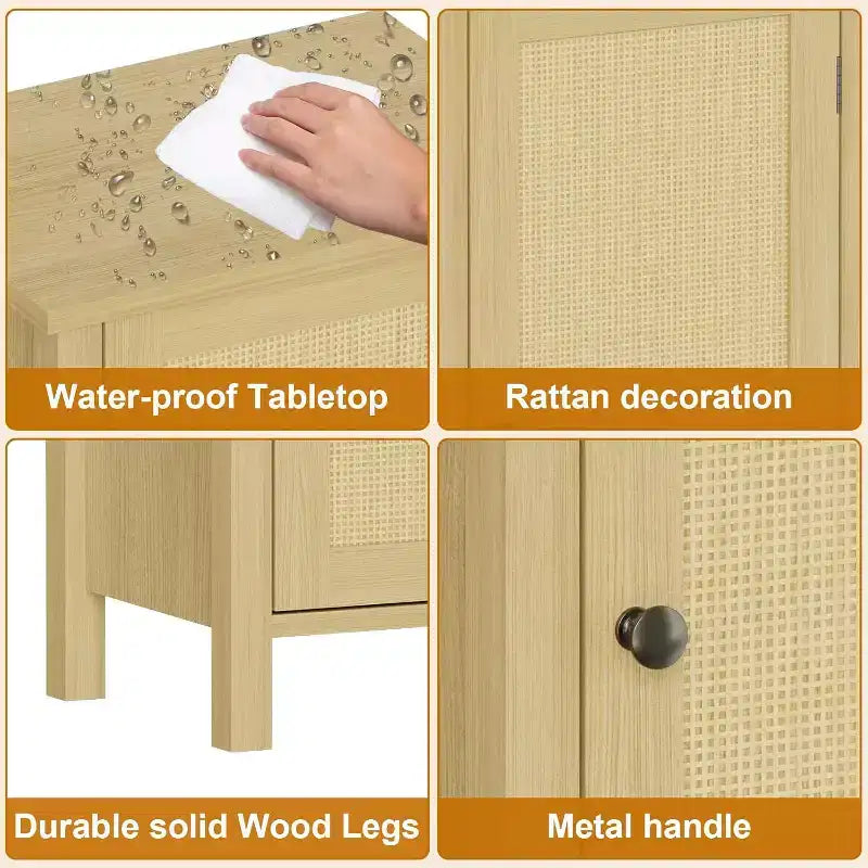 Mesita de noche rústica con puerta de ratán, mesa auxiliar con acento negro y almacenamiento - Mesita de noche compacta moderna para dormitorio, sala de estar, oficina