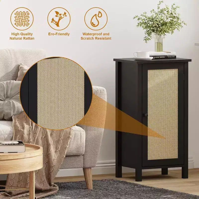 Mesita de noche rústica con puerta de ratán, mesa auxiliar con acento negro y almacenamiento - Mesita de noche compacta moderna para dormitorio, sala de estar, oficina