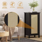 Mesita de noche rústica con puerta de ratán, mesa auxiliar con acento negro y almacenamiento - Mesita de noche compacta moderna para dormitorio, sala de estar, oficina