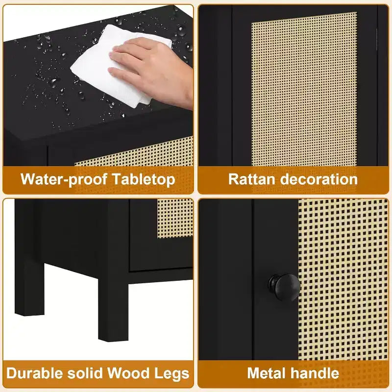 Mesita de noche rústica con puerta de ratán, mesa auxiliar con acento negro y almacenamiento - Mesita de noche compacta moderna para dormitorio, sala de estar, oficina