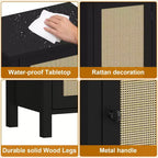 Mesita de noche rústica con puerta de ratán, mesa auxiliar con acento negro y almacenamiento - Mesita de noche compacta moderna para dormitorio, sala de estar, oficina