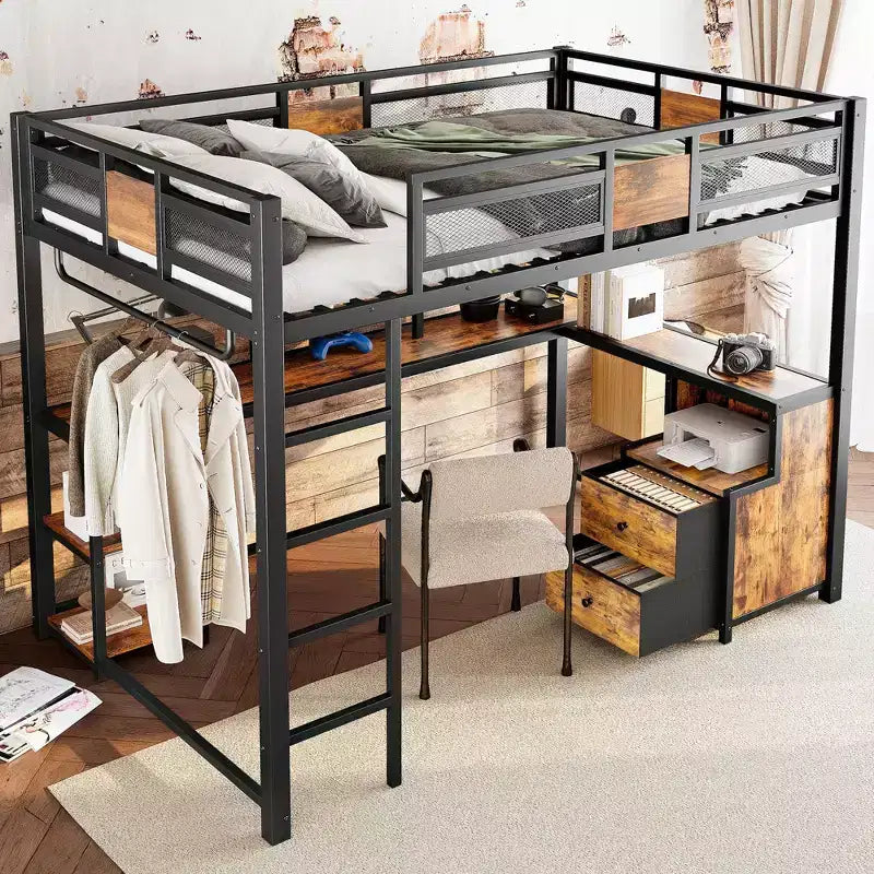 Cama alta matrimonial con escritorio y almacenamiento, cajones de tela no tejida, estructura metálica de cama alta con escaleras, sin ruidos y sin necesidad de somier. Negra