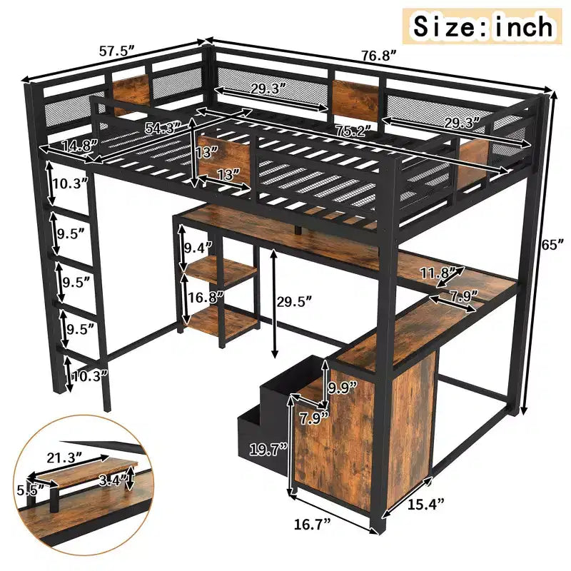 Cama alta matrimonial con escritorio y almacenamiento, cajones de tela no tejida, estructura metálica de cama alta con escaleras, sin ruidos y sin necesidad de somier. Negra