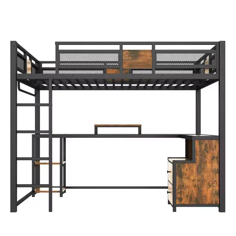 Cama alta matrimonial con escritorio y almacenamiento, cajones de tela no tejida, estructura metálica de cama alta con escaleras, sin ruidos y sin necesidad de somier. Negra