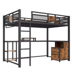 Cama alta matrimonial con escritorio y almacenamiento, cajones de tela no tejida, estructura metálica de cama alta con escaleras, sin ruidos y sin necesidad de somier. Negra