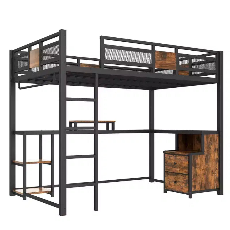 Cama alta matrimonial con escritorio y almacenamiento, cajones de tela no tejida, estructura metálica de cama alta con escaleras, sin ruidos y sin necesidad de somier. Negra