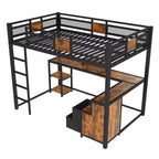 Cama alta matrimonial con escritorio y almacenamiento, cajones de tela no tejida, estructura metálica de cama alta con escaleras, sin ruidos y sin necesidad de somier. Negra