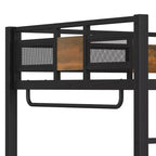 Cama alta matrimonial con escritorio y almacenamiento, cajones de tela no tejida, estructura metálica de cama alta con escaleras, sin ruidos y sin necesidad de somier. Negra