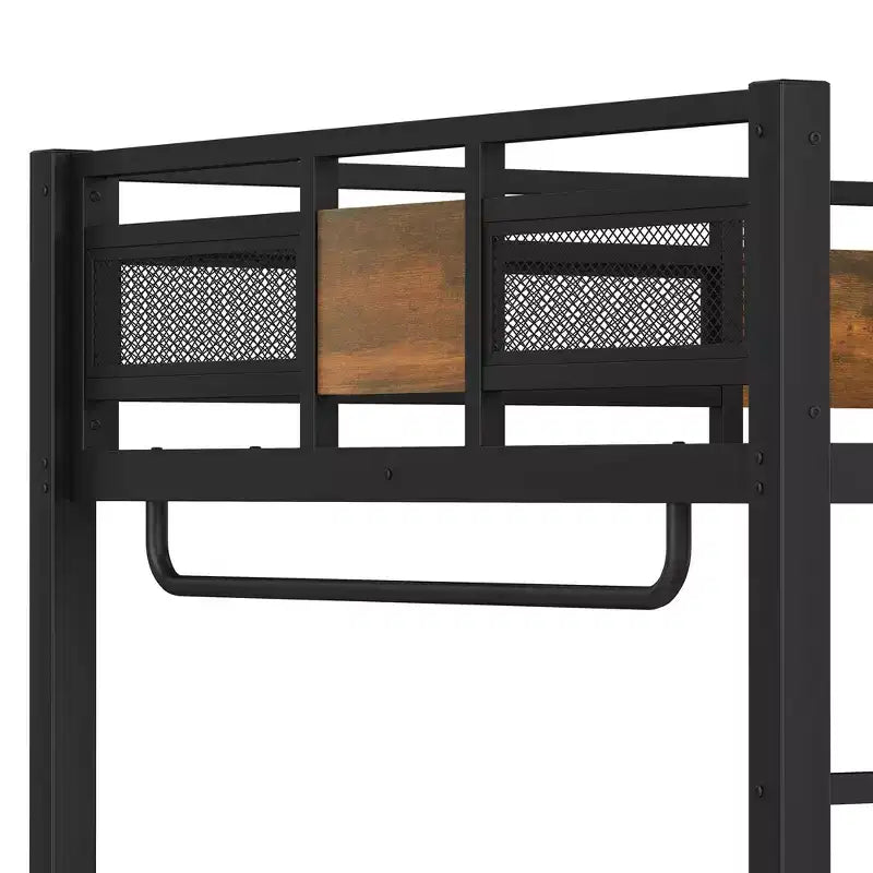 Cama alta matrimonial con escritorio y almacenamiento, cajones de tela no tejida, estructura metálica de cama alta con escaleras, sin ruidos y sin necesidad de somier. Negra