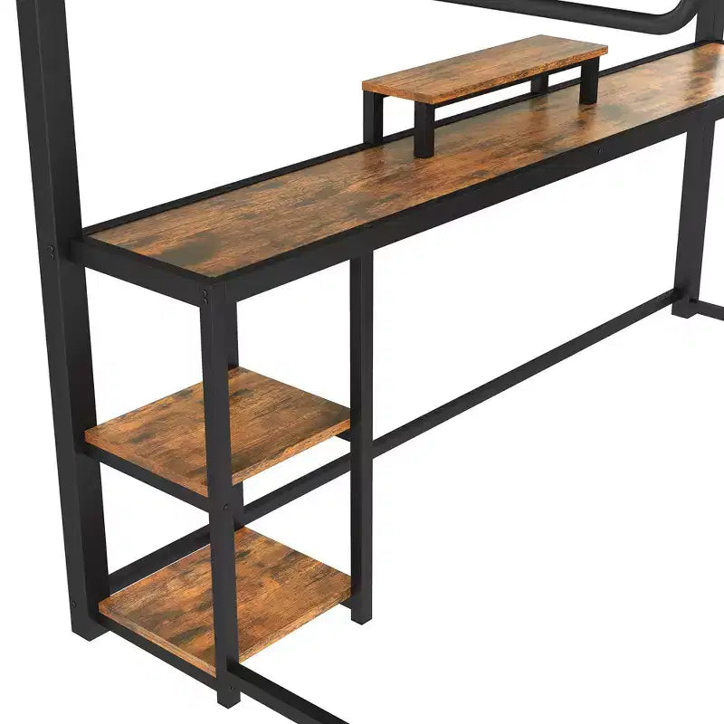 Cama alta matrimonial con escritorio y almacenamiento, cajones de tela no tejida, estructura metálica de cama alta con escaleras, sin ruidos y sin necesidad de somier. Negra