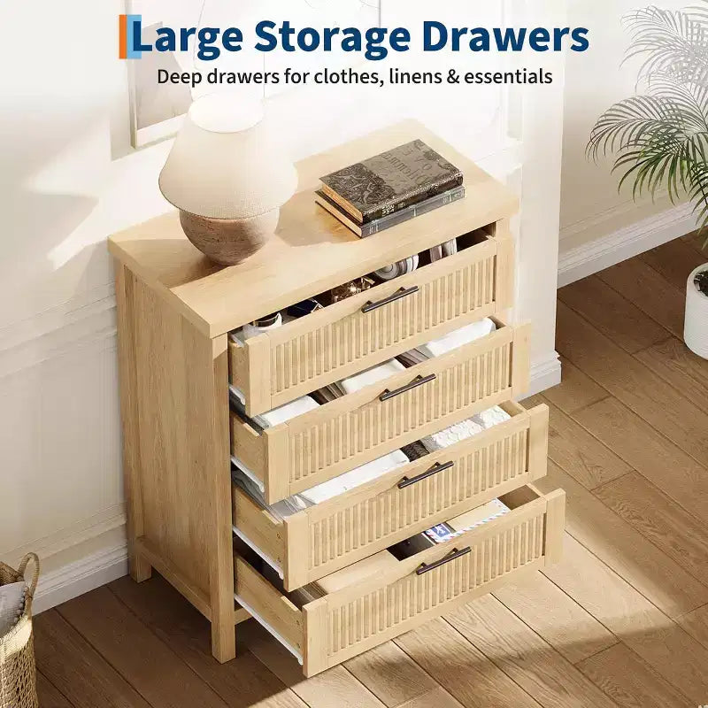 Cómoda acanalada para dormitorio, cajonera alta de 35.4'' con 4 cajones de almacenamiento, mueble organizador de ropa moderno de madera para sala de estar, dormitorio, entrada