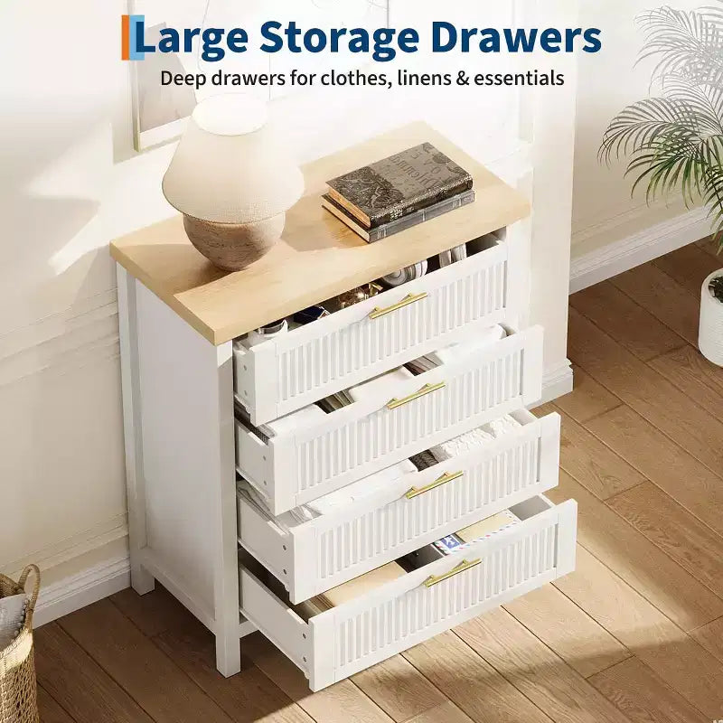 Cómoda acanalada para dormitorio, cajonera alta de 35.4'' con 4 cajones de almacenamiento, mueble organizador de ropa moderno de madera para sala de estar, dormitorio, entrada