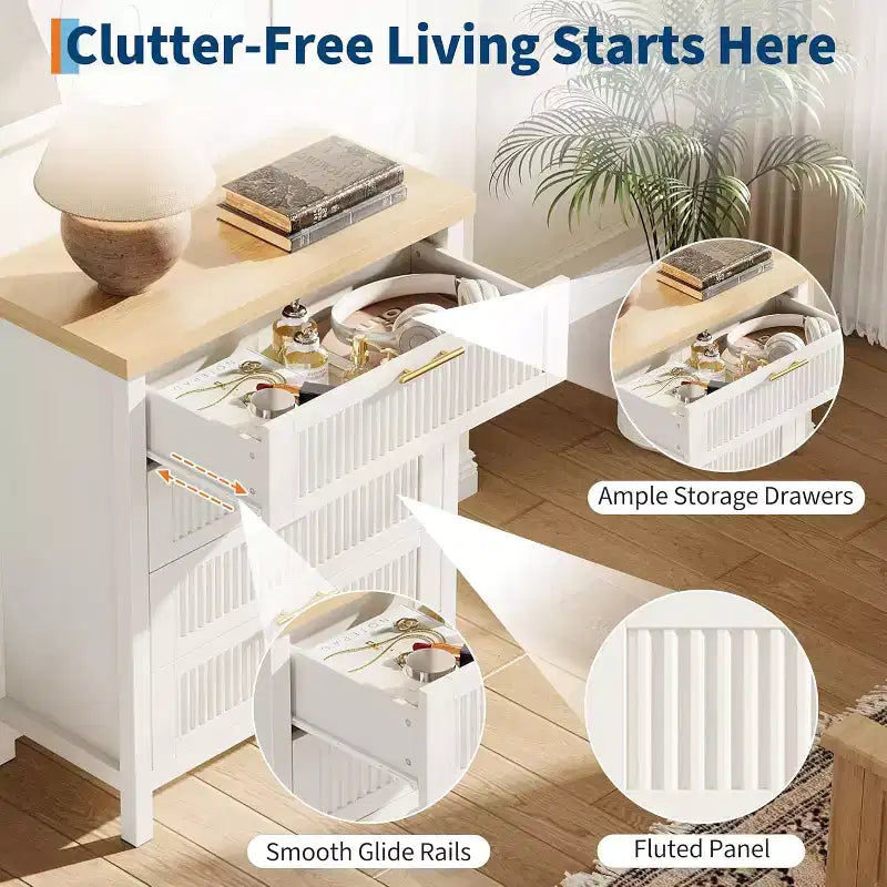 Cómoda acanalada para dormitorio, cajonera alta de 35.4'' con 4 cajones de almacenamiento, mueble organizador de ropa moderno de madera para sala de estar, dormitorio, entrada