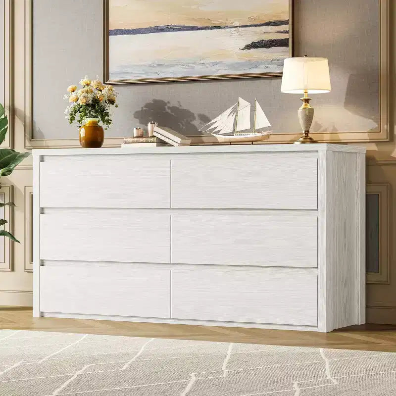 Cómoda de 6 cajones para dormitorio, cómoda de madera ancha sin tiradores, mueble de almacenamiento grande y moderno para sala de estar, pasillo o entrada.