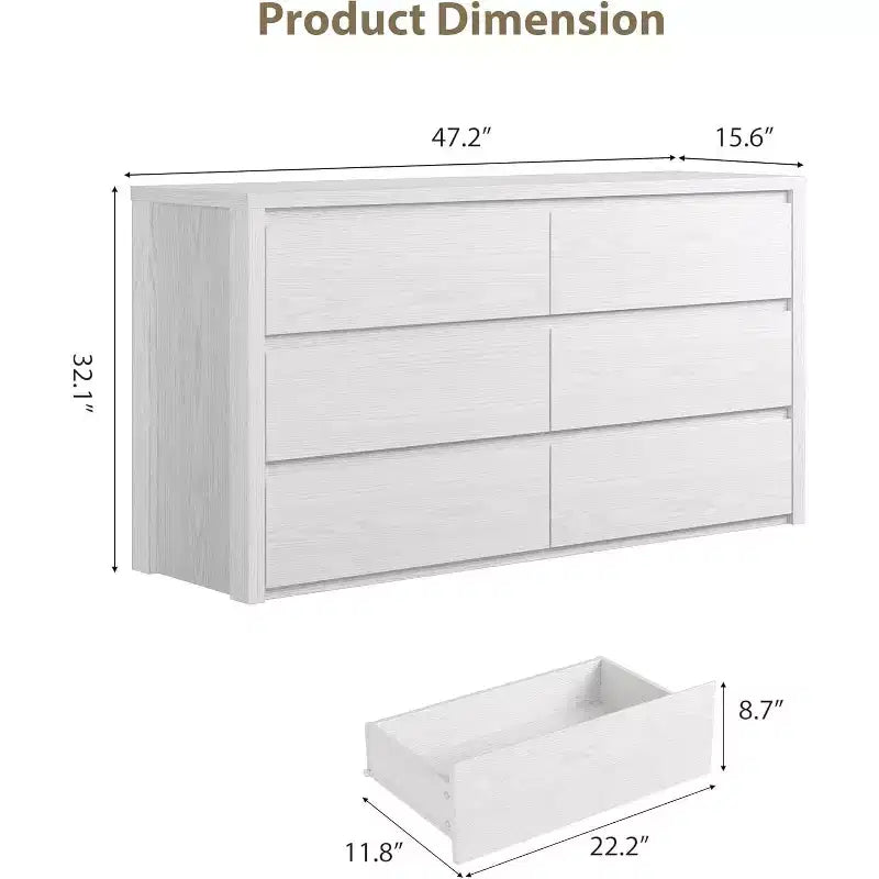 Cómoda de 6 cajones para dormitorio, cómoda de madera ancha sin tiradores, mueble de almacenamiento grande y moderno para sala de estar, pasillo o entrada.